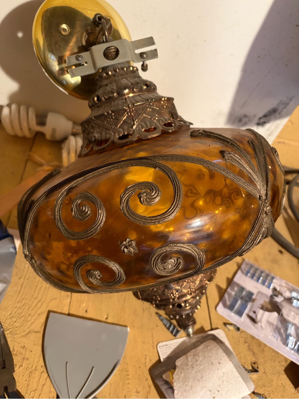 Amber Glass Table Lamp with Ornate Metal Filigree - Amber
